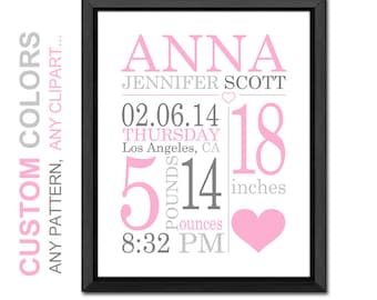 baby birth stats pink and gray, baby announcement, custom baby name nursery, new mommy gifts, baby stats, baby birth date, baby girls room