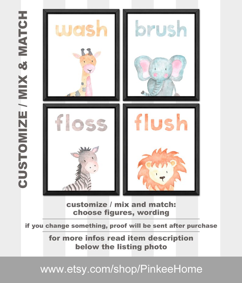 Safari Kids Bathroom Decor Watercolor Safari Kids Bath Decor Etsy