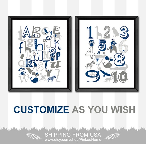 Abc Numeros Arte Marina Gris Arte De Pared De Alfabeto Abc Etsy
