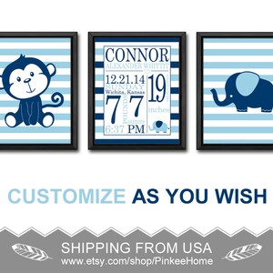 baby boy birth stats monkey, baby nursery decor elephant, personalized baby decor, Birth Print, baby stats art, jungle birth details print