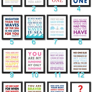 May include: Collection of 16 framed art prints with inspirational quotes. The prints feature various fonts and colors, including red, blue, and pink, on a white background. The frames are black. The theme is motivational and suitable for home decor.