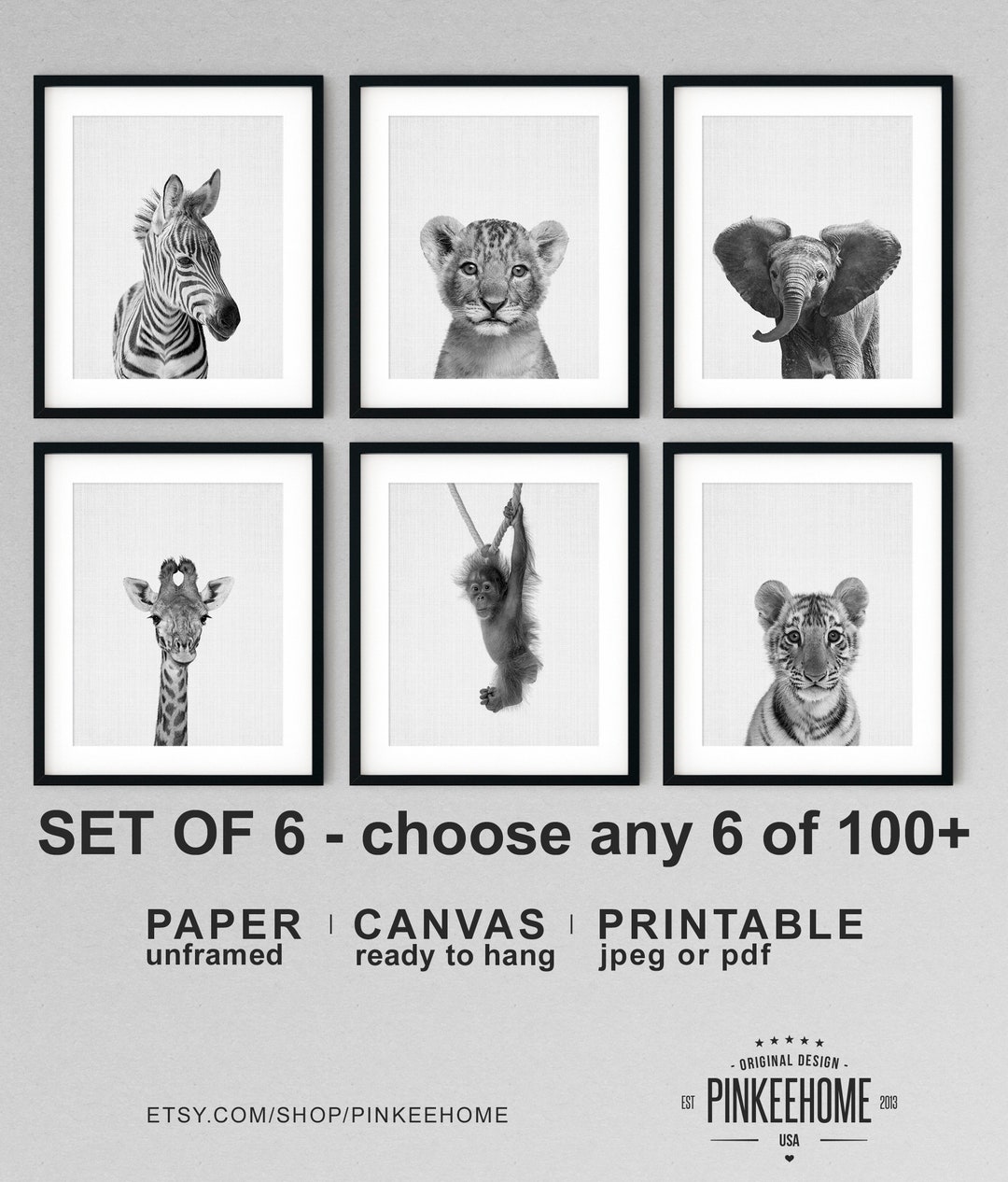 Baby Jungle Animal Prints Black and White, Safari Nursery Decor Neutral ...