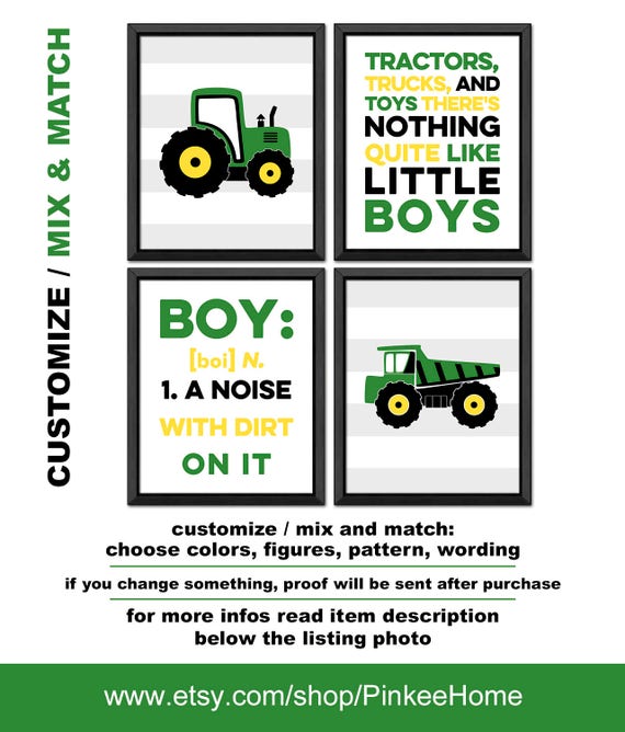 Green Tractor Nursery Decor, Truck Baby Art, Set of 4 (Print/Canvas/Digi)