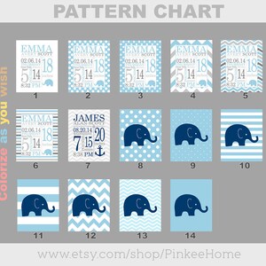 May include: A pattern chart featuring baby-themed designs. The chart includes personalized birth announcement templates with names, dates, and measurements. Designs include elephants, polka dots, stripes, and chevron patterns in blue and gray.