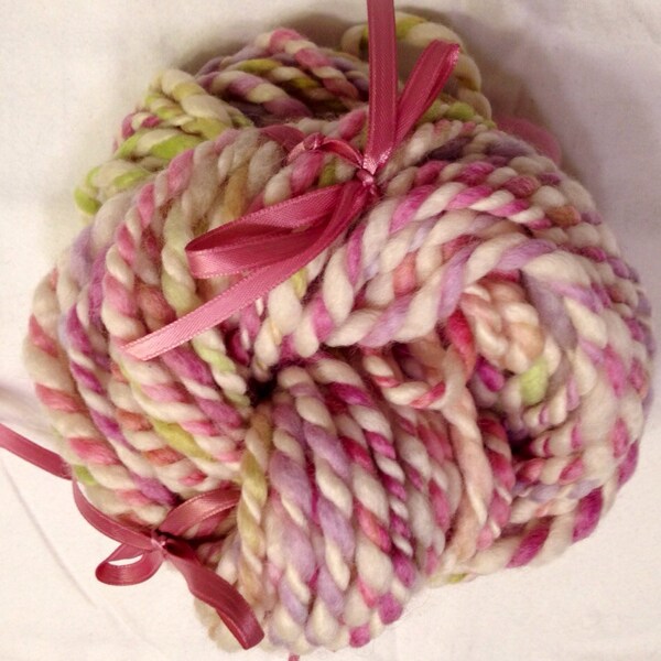 46 yards, BFL, Hand dyed, Handspun, Thick and Thin, Two Ply, pink, lavender, green, cream, Astoria-1b