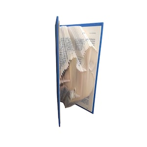 Peut inclure: Un livre à couverture bleue avec des pages pliées pour créer un motif décoratif. Les pages sont blanches avec du texte noir, et les bords sont bleus. Le motif plié est visible de côté.