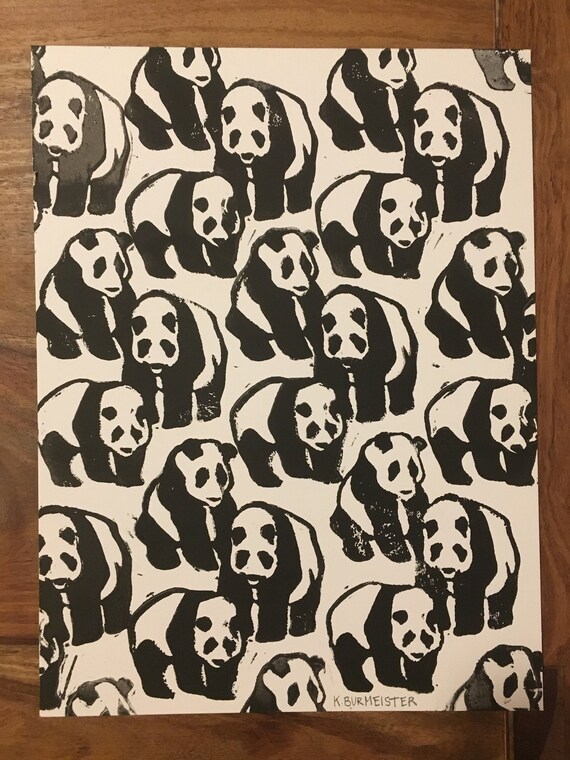 Panda design linocut print Etsy