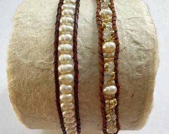 Precious Pearl leather beaded bracelet - tan leather - delicate - minimal - gold filled - sterling silver