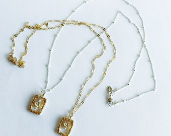 Freshwater Pearl Drop Necklace: Gold Filled Floral Bead, Two Tone