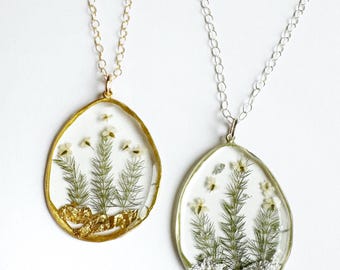 Christmas woods necklace, pressed flowers, ferns, gold filled , sterling silver - delicate - dainty - classic -