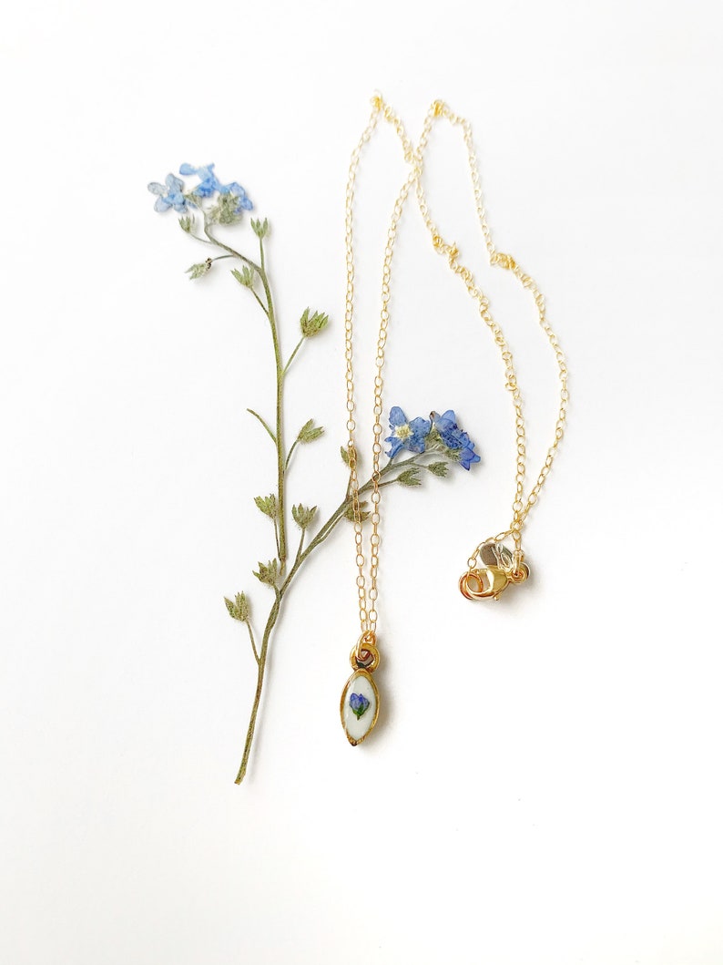 vintage blue floral in gold silver or rose gold Dainty forget me not necklace French country inspired remembrance piece