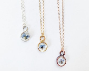 Mini round forget me not necklace- remembrance piece- dainty in gold, silver or rose gold