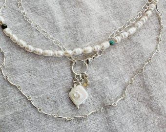 Pearl and turquoise beaded necklace - classic - layering necklace- Mediterranean- precious pearls- Christian jewelry