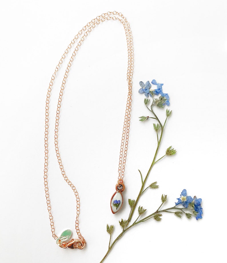 vintage blue floral in gold silver or rose gold Dainty forget me not necklace French country inspired remembrance piece