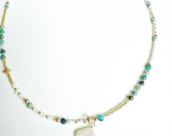 Mediterranean necklace - fishers of men - turquoise , gold filled , pearl , delicate , minimal, classic, women’s