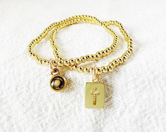 Gold filled beaded bracelet with mustard seed or cross charm