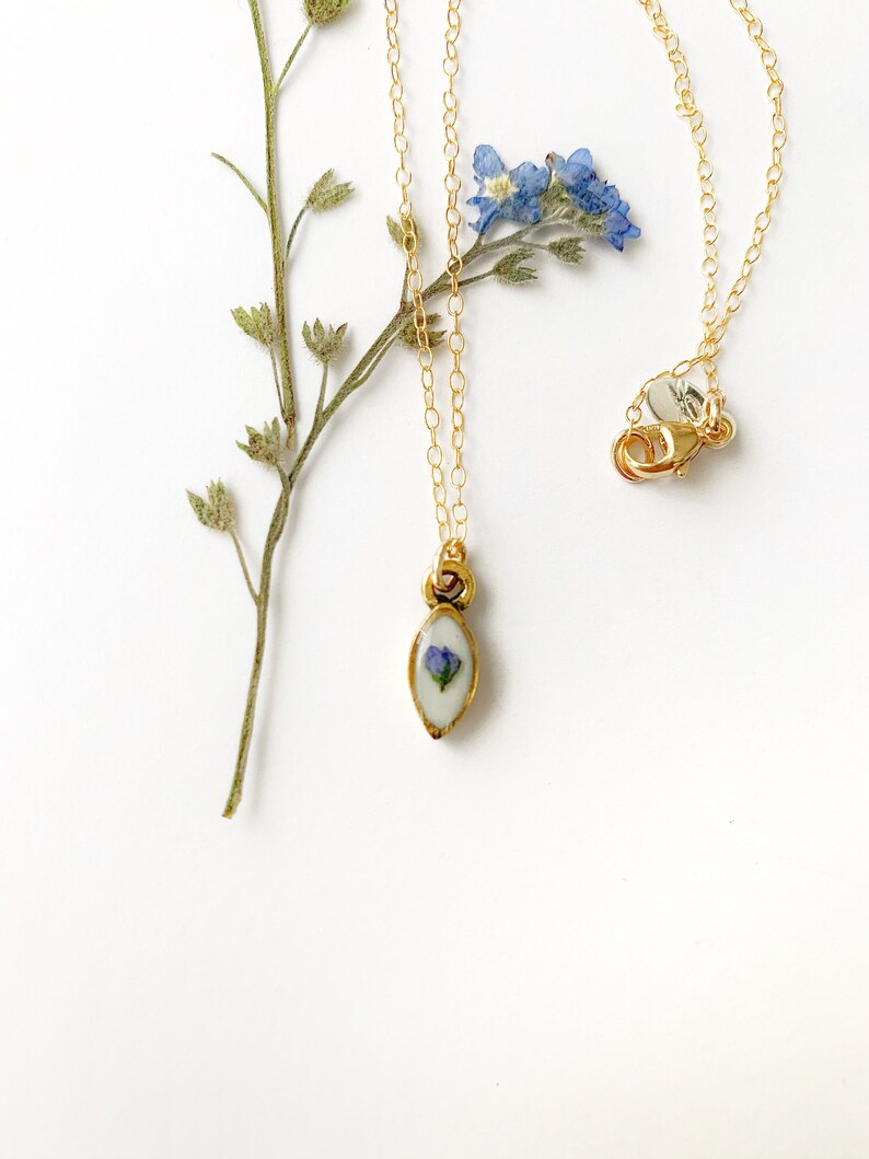vintage blue floral in gold silver or rose gold Dainty forget me not necklace French country inspired remembrance piece