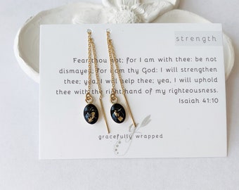 Armor of God threader earrings- gold filled - floral and gold - magnolia leaf - delicate - chain drop