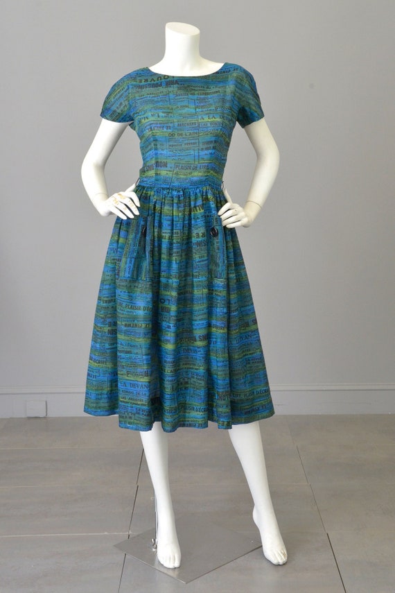 1950s Novelty Newspaper Print Dress | French Newsp