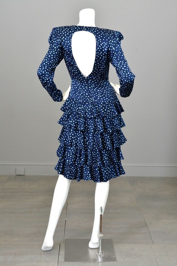 1980s A J Bari Navy Polka Polka Dot Tiered Ruffle 