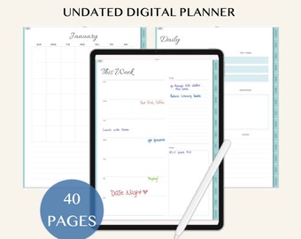 Planner digitale non datato color verde acqua, Goodnotes per iPad, layout settimanale e mensile (PDF)