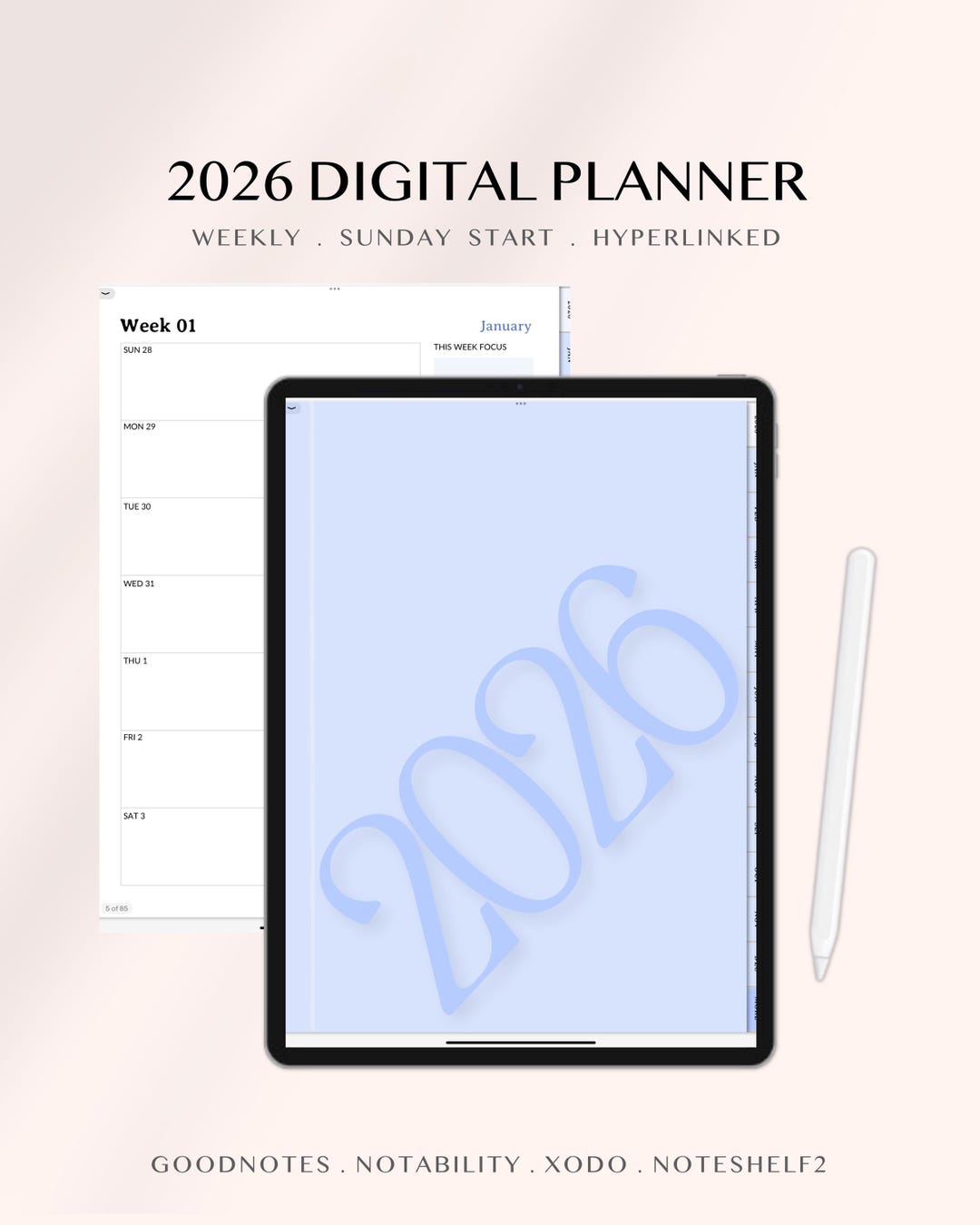 2026 Digital Planner | Light Blue, Sunday Start (PDF Download) - Etsy UK