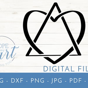 May include: A black heart and triangle design, a digital file, on a white wood-grain background. The design is a combination of a heart shape and a triangle, intertwined. The text "DIGITAL FILE" is below the design. The image also includes the text "SVG - DXF - PNG - JPG - PDF - AI".