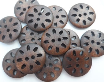 8 Buttons Round Wood Natural Brown Dark Perforated 23mm
