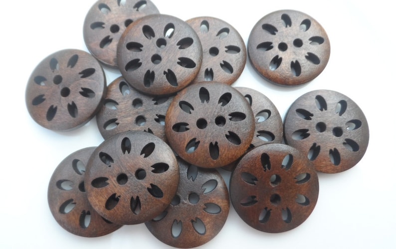 8 Buttons Round Wood Natural Brown Dark Perforated 23mm