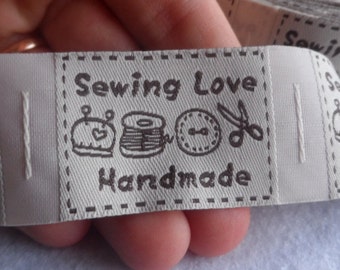 25 Labels Woven Rectangular with inscription "Sewing Love Handmade"  Color Beige / Brown 40x30mm