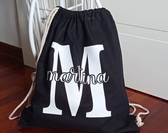 Backpack, gym bag in certified black cotton 38 x 42 cm to be personalized with initial and name - birthday - favor - school - sport