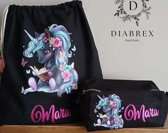 Kindergarten Backpack, Gym Bag + Personalized Pencil Case "Unicorn" Christmas - Birthday - Party Favor - Wedding - School - Sports.