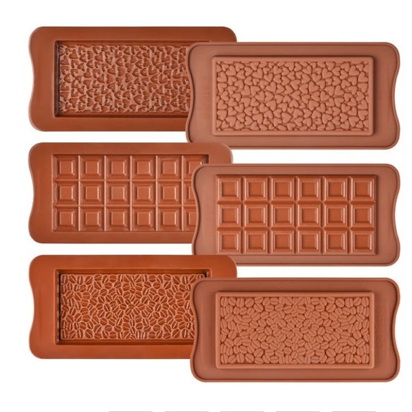 Lot de 3 Moules en Silicone Forme Tablette de Chocolat - Coeurs - Grains de Café - Carré