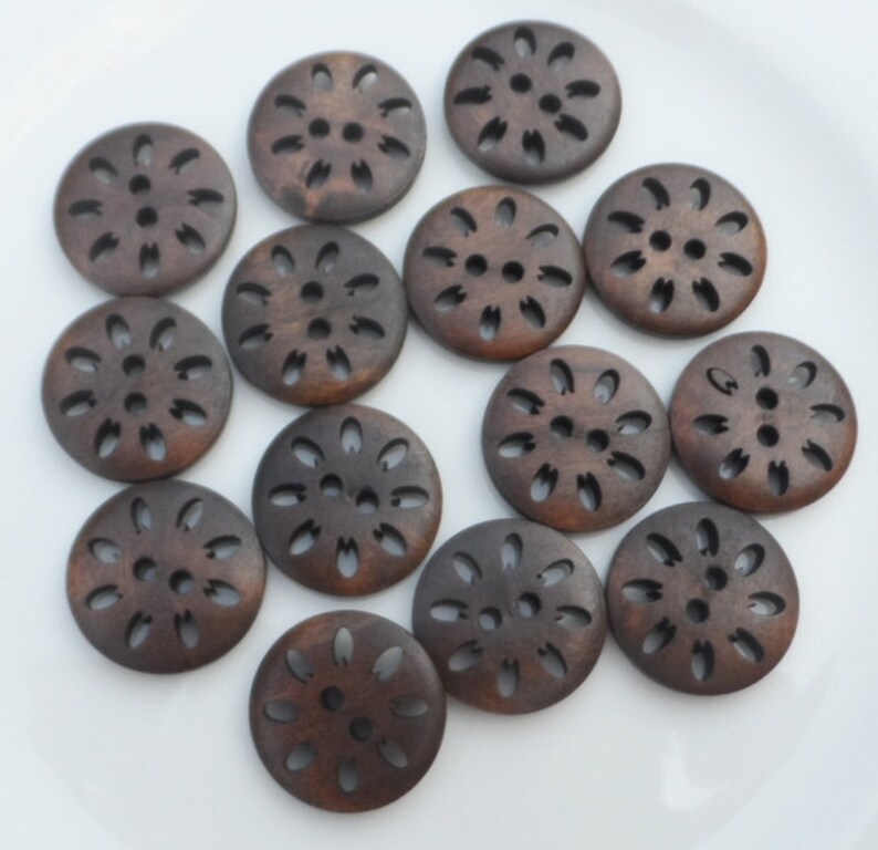 8 Buttons Round Wood Natural Brown Dark Perforated 23mm