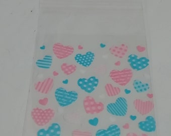 40 Small bags self adhesive plastic Transparent with Hearts 10x7cm (HxW)