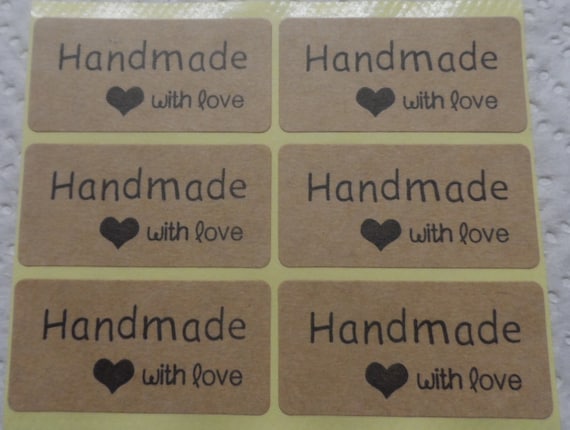 30 Stickers Labels Rectangular With Inscription handmade Whit Love Brown  40x20mm Gift Tag 