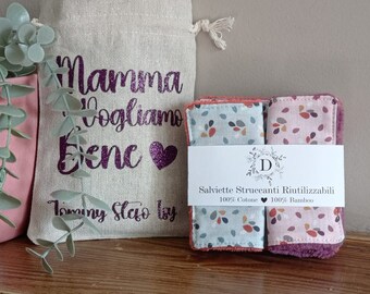 7 Washable Make-up Remover Wipes in 100% Cotton and Bamboo Fiber Sponge with Custom Bag - Reusable - Eco friendly