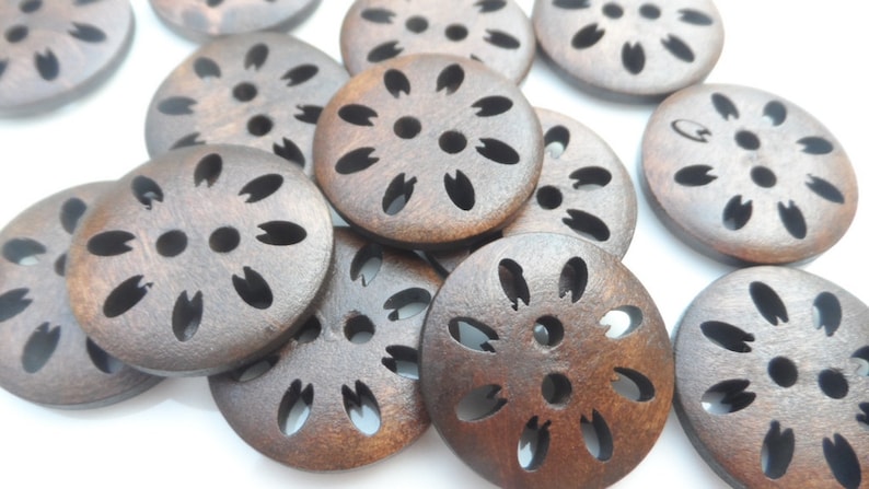 8 Buttons Round Wood Natural Brown Dark Perforated 23mm