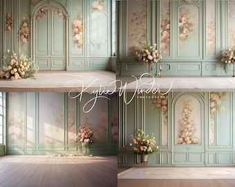 digital backdrops, pastel green, beautiful room digital, flowers, portrait, studio backdrop, maternity backdrop, pastel, victorian room