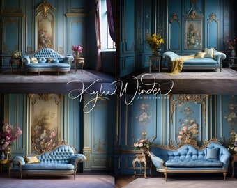 Blues&gold with chaises, digital backdrops, beautiful room digital, portrait, studio backdrop, maternity backdrop, lounges, victorian room