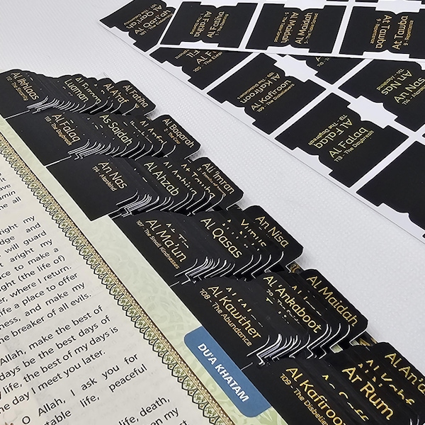 Pestañas negras del Corán / Vinilo premium + Lámina dorada - Pestañas de estudio / Separadores autoadhesivos para diario/organización / Regalo musulmán / Alta calidad