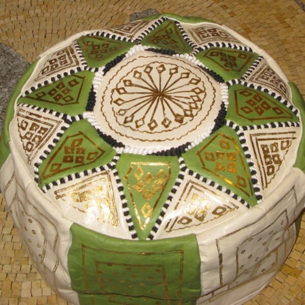 Lime Green and beige Handmade Moroccan Pouf - Lime Green Moroccan Leather Pouf