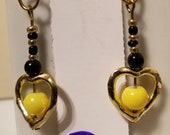 SG1. A GOLD heart dangling below a group of 6 accent beads, dangle earring, hook earring, beaded earrings, fishhook earring, bead, GHD