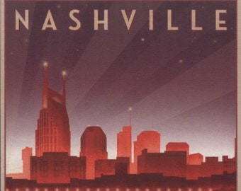 Nashville TN, Tennessee, Night Skyline, Retro Travel Poster Style, Unused Ready to Send Postcard Z252433