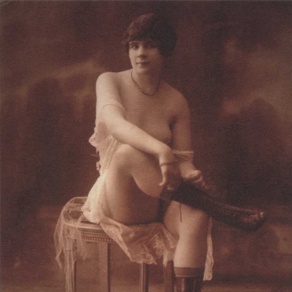 Boots, Woman, Sitting, French, Nude, Risque, Erotic, Boots, Fetish, Mature, REPRO Postcard R638159