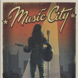 May include: Vintage-style poster with the words "Music City" in a stylized font, featuring a silhouette of a person playing a guitar on a stage with a microphone. The text "Nashville Tennessee" is at the bottom, with a spotlight effect.