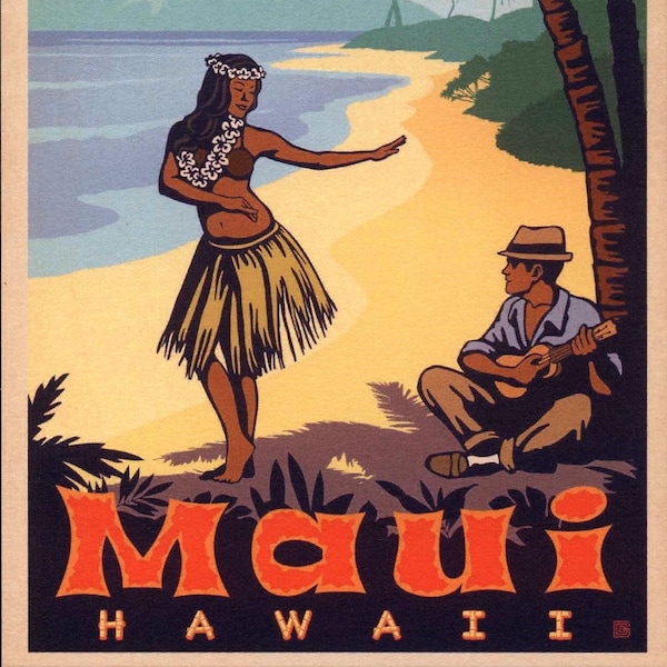 Maui, Hawaii, Hula, Beach, Tropical, Travel Poster Style Postcard Z409324