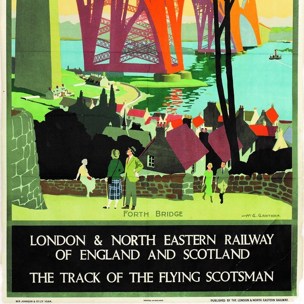 Scotland, London, England, Forth Bridge, Flying Scotsman, Visit, Colorful, Travel Poster Style, Modern Vintage Greeting Card NCC000711