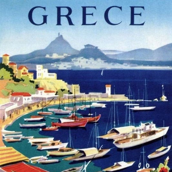 Visit, Travel, Grece, Greece, Harbor View, Seaport, Travel Poster Style, Colorful, Modern Vintage Greeting Card NCC000708