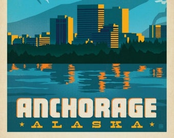 Anchorage AK, Alaska, Mountains, Skyline, Colorful, Travel Poster Style Postcard Z877935